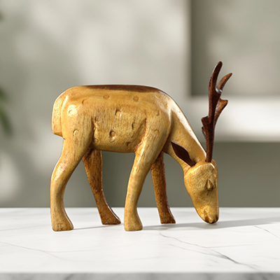 Hand Carved Wooden Grazing Deer Set Of Two Home Decor