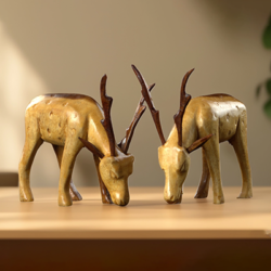 Hand Carved Wooden Grazing Deer Set Of Two Home Decor