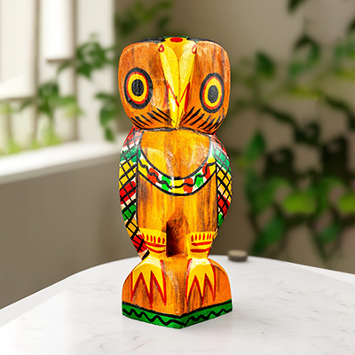 Hand-painted & Crafted Burdwan Wooden Owl Sculpture