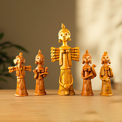 Divine Durga Family Terracotta Hand-Made Poramati Sculpture