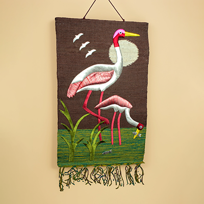 Loving Birds Tapestry Jute Silk Wall Hanging