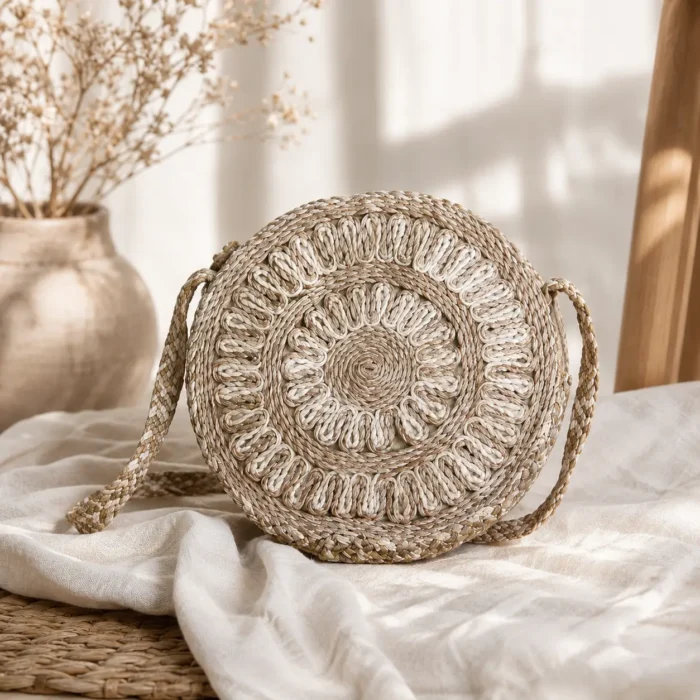 Handwoven Beige Round Jute Sling Bag